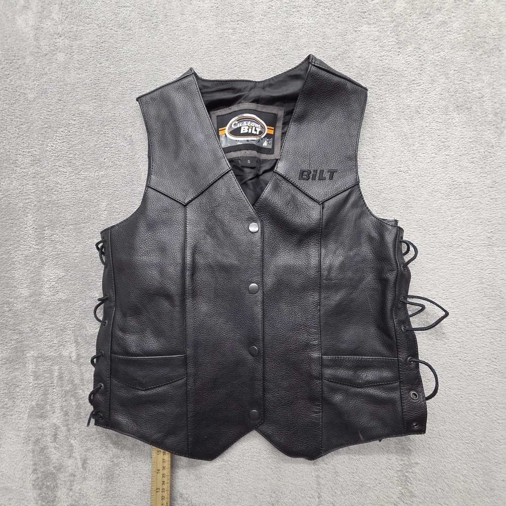 Custom BILT Vest Mens S Black Leather Lined Pockets Snap Collared Biker Riding